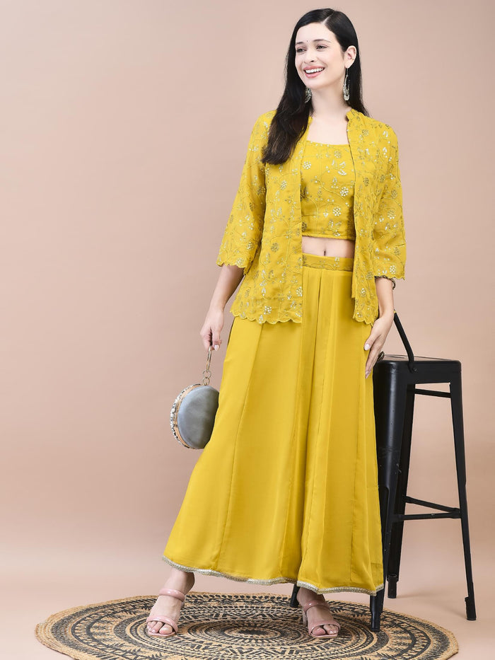 Women Georgette Mustard Embroidered Top Jacket Split Pant.