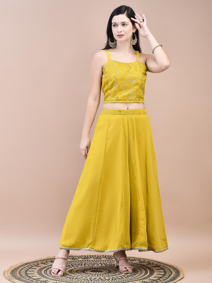 Women Georgette Mustard Embroidered Top Jacket Split Pant.
