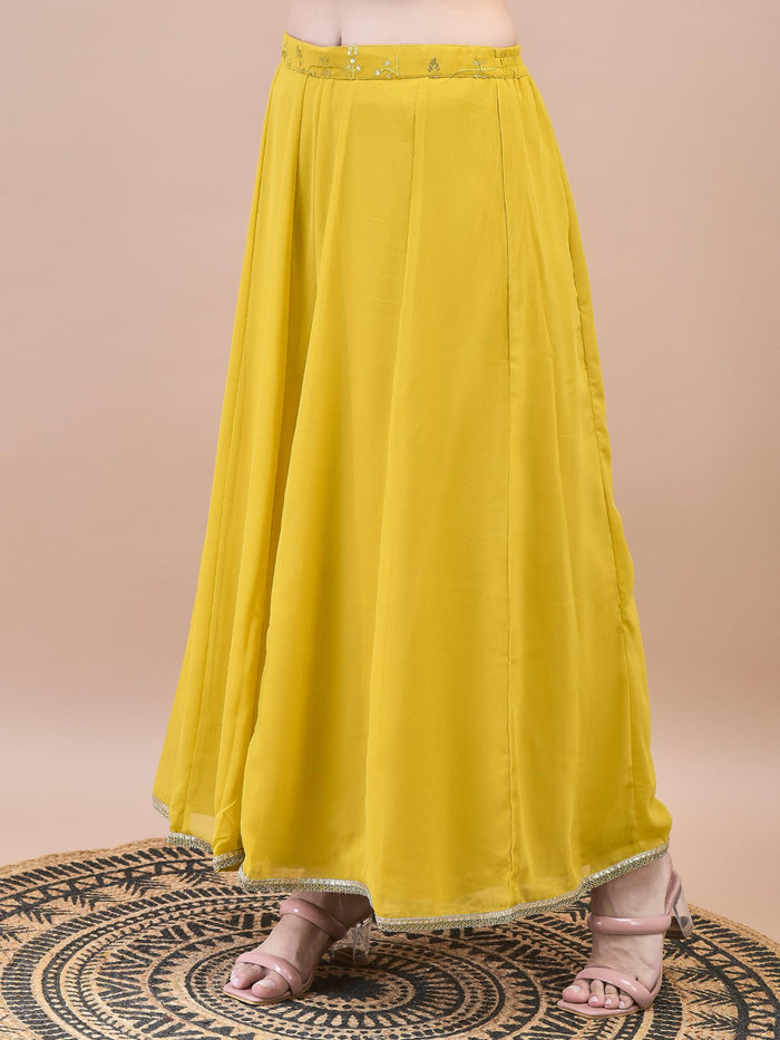 Women Georgette Mustard Embroidered Top Jacket Split Pant.