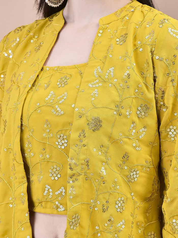 Women Georgette Mustard Embroidered Top Jacket Split Pant.