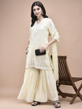 Women Georgette Off White Embroidered Kurta Sharara Dupatta.