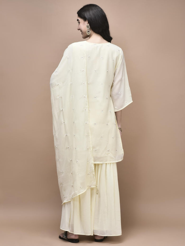 Women Georgette Off White Embroidered Kurta Sharara Dupatta.