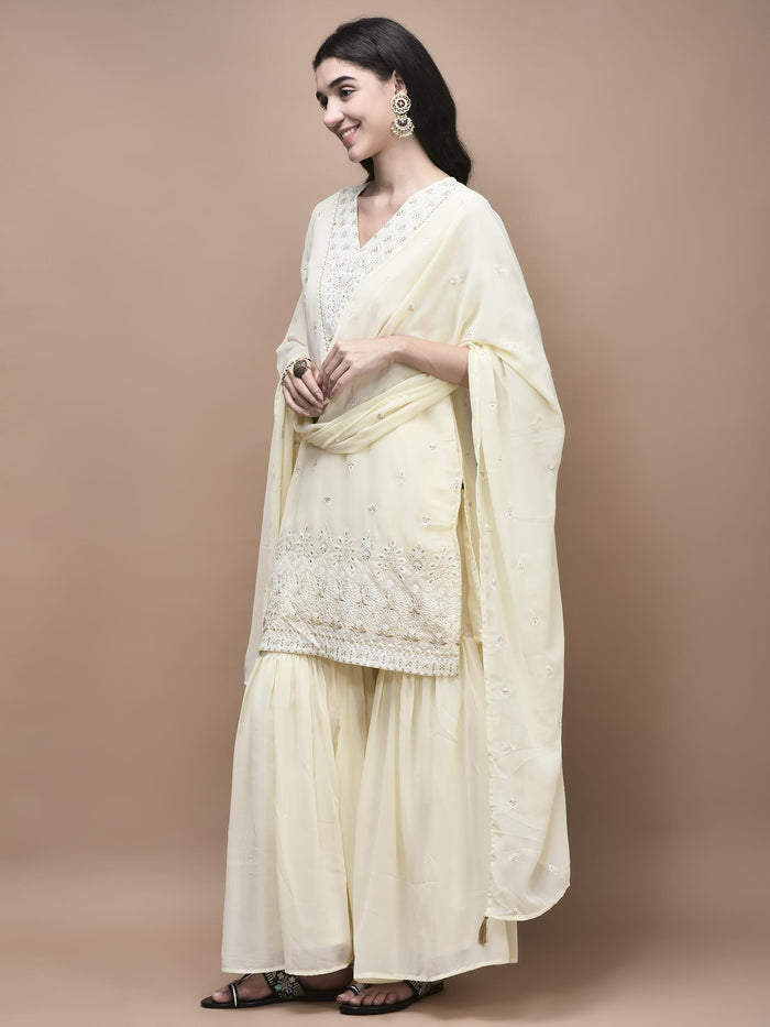 Women Georgette Off White Embroidered Kurta Sharara Dupatta.