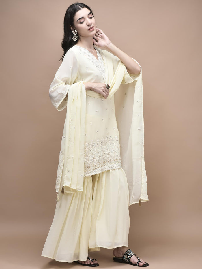 Women Georgette Off White Embroidered Kurta Sharara Dupatta.