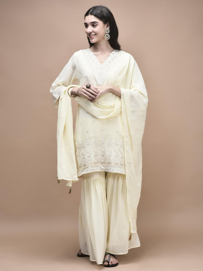 Women Georgette Off White Embroidered Kurta Sharara Dupatta.