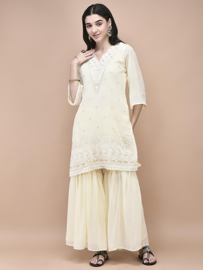 Women Georgette Off White Embroidered Kurta Sharara Dupatta.