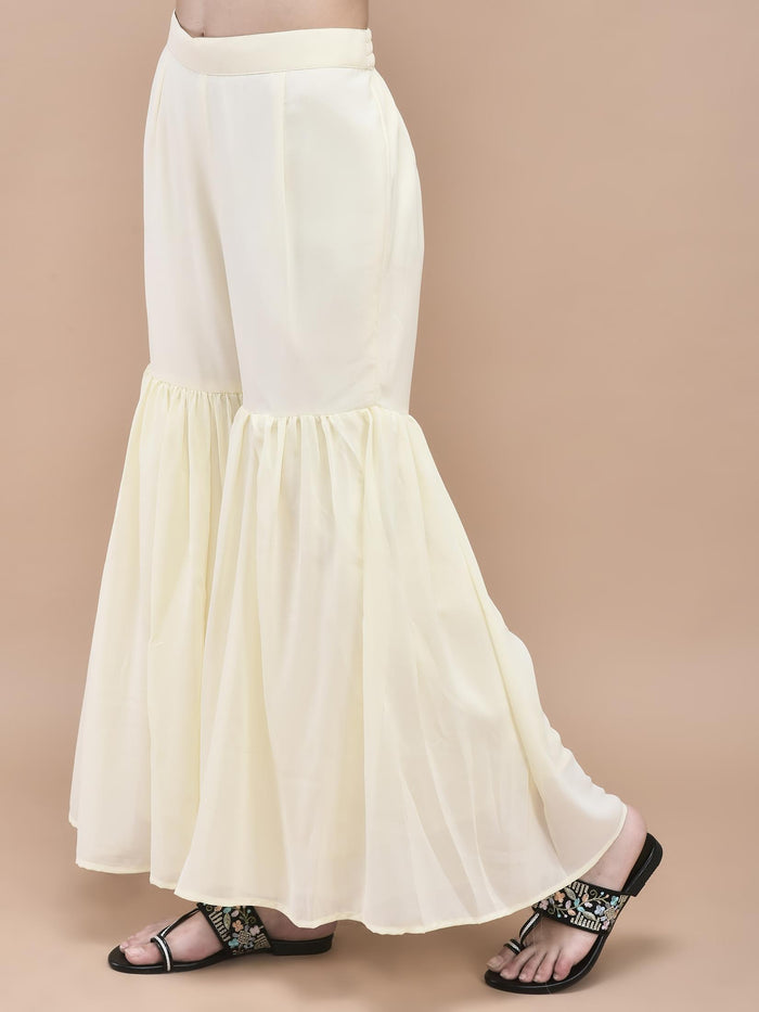 Women Georgette Off White Embroidered Kurta Sharara Dupatta.