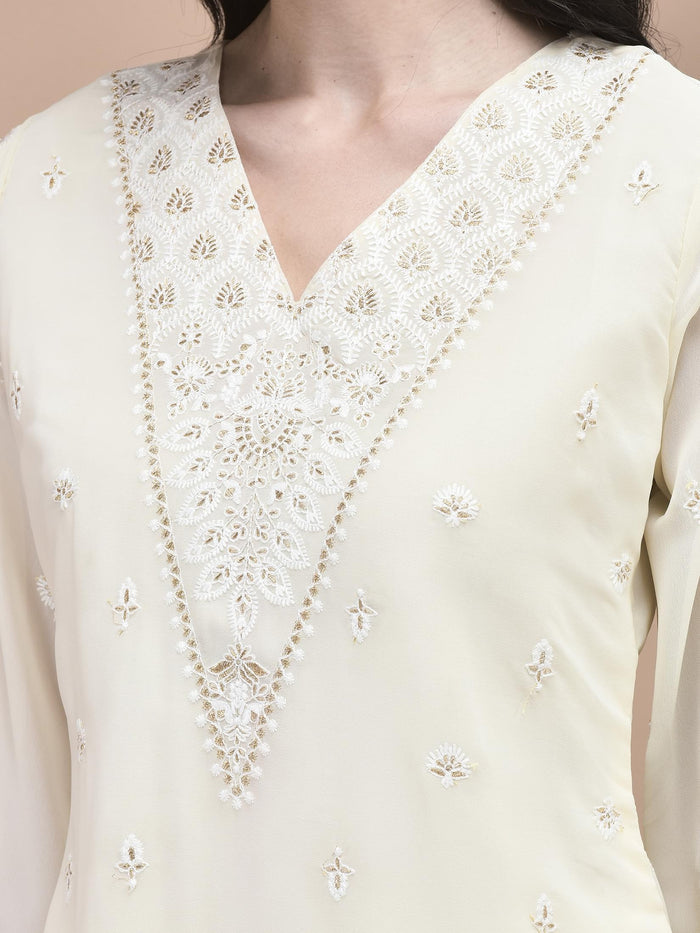 Women Georgette Off White Embroidered Kurta Sharara Dupatta.