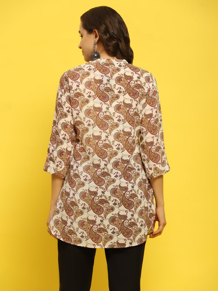 Women Georgette Off White Paisley Print Tunic.