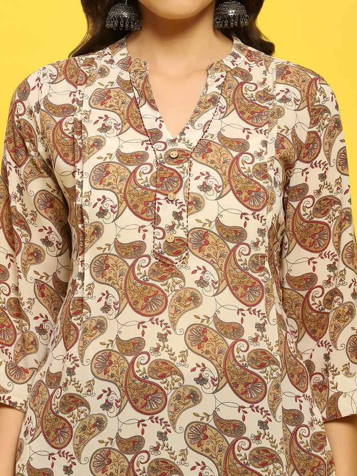 Women Georgette Off White Paisley Print Tunic.