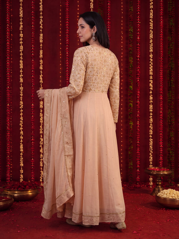 Women Georgette Peach Solid Embroidered Anarkali Dress With Dupatta.