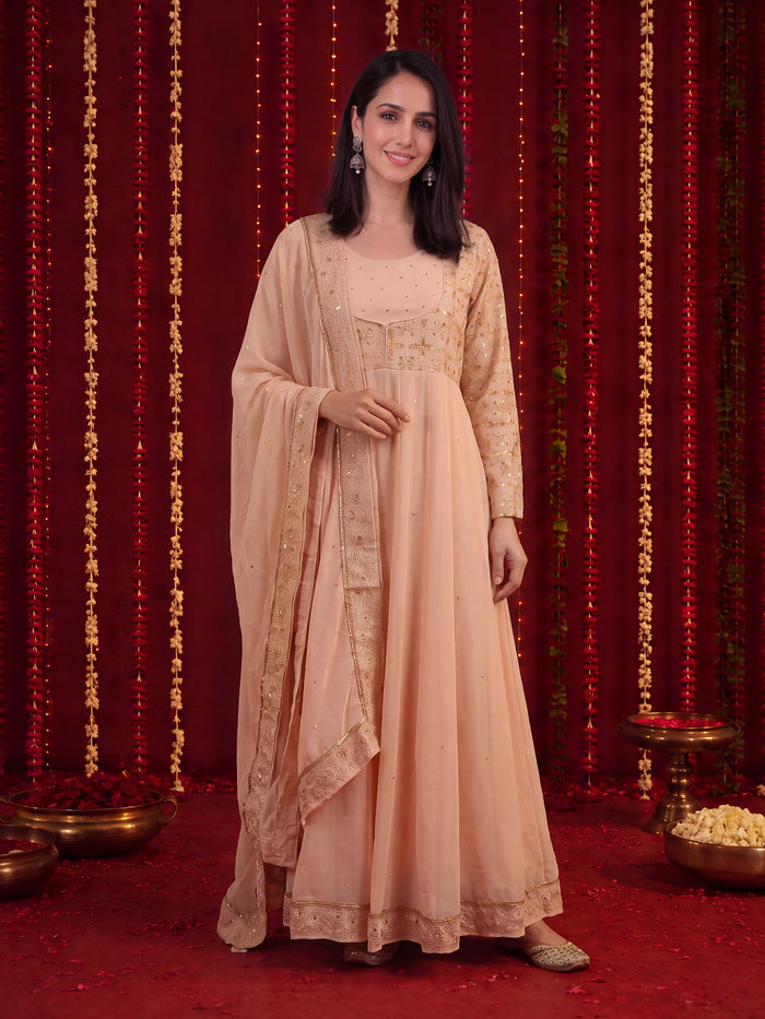 Women Georgette Peach Solid Embroidered Anarkali Dress With Dupatta.