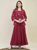 Women Georgette Pink Embroidered Crop Top Jacket Flared Split Pant.