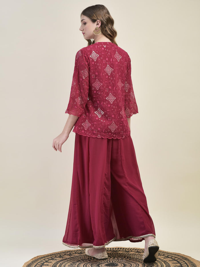 Women Georgette Pink Embroidered Crop Top Jacket Flared Split Pant.