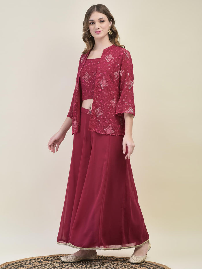 Women Georgette Pink Embroidered Crop Top Jacket Flared Split Pant.