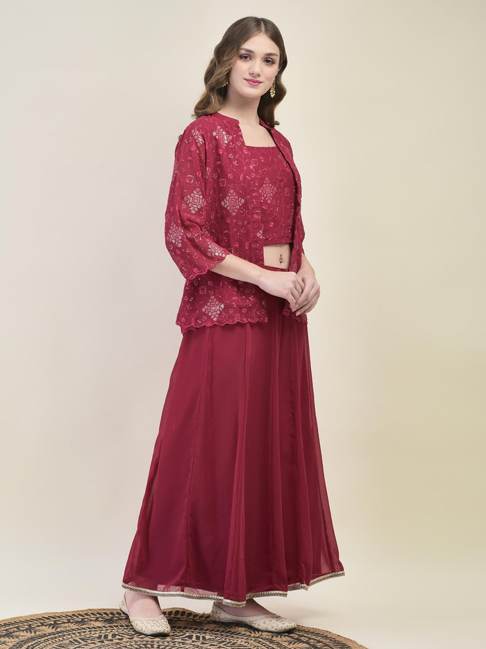 Women Georgette Pink Embroidered Crop Top Jacket Flared Split Pant.