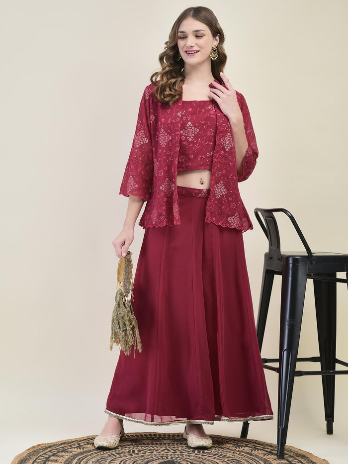 Women Georgette Pink Embroidered Crop Top Jacket Flared Split Pant.