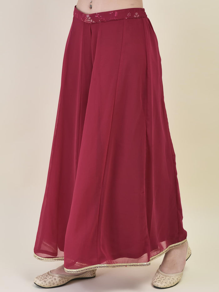 Women Georgette Pink Embroidered Crop Top Jacket Flared Split Pant.