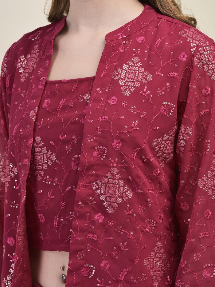 Women Georgette Pink Embroidered Crop Top Jacket Flared Split Pant.