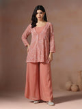 Women Georgette Pink Embroidered Crop Top Jacket Split Pant.