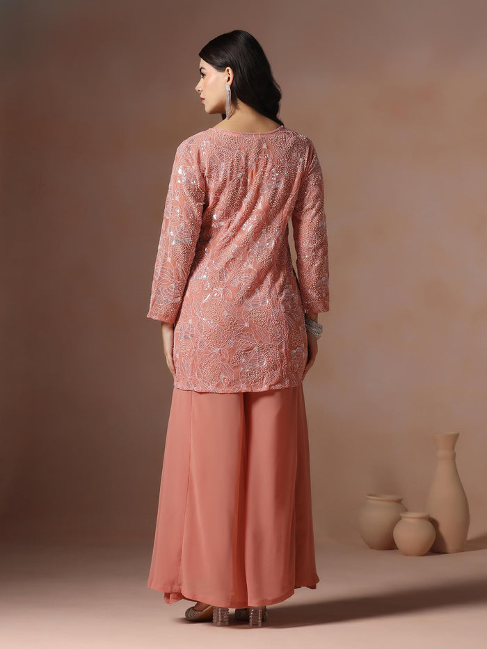 Women Georgette Pink Embroidered Crop Top Jacket Split Pant.