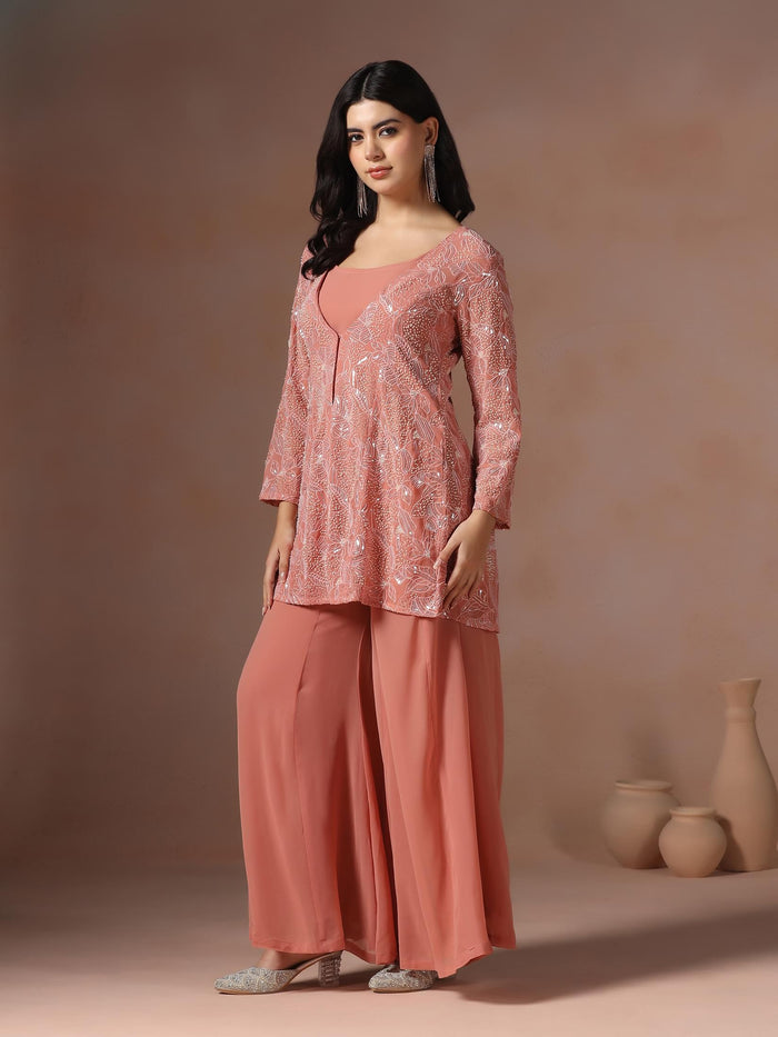 Women Georgette Pink Embroidered Crop Top Jacket Split Pant.