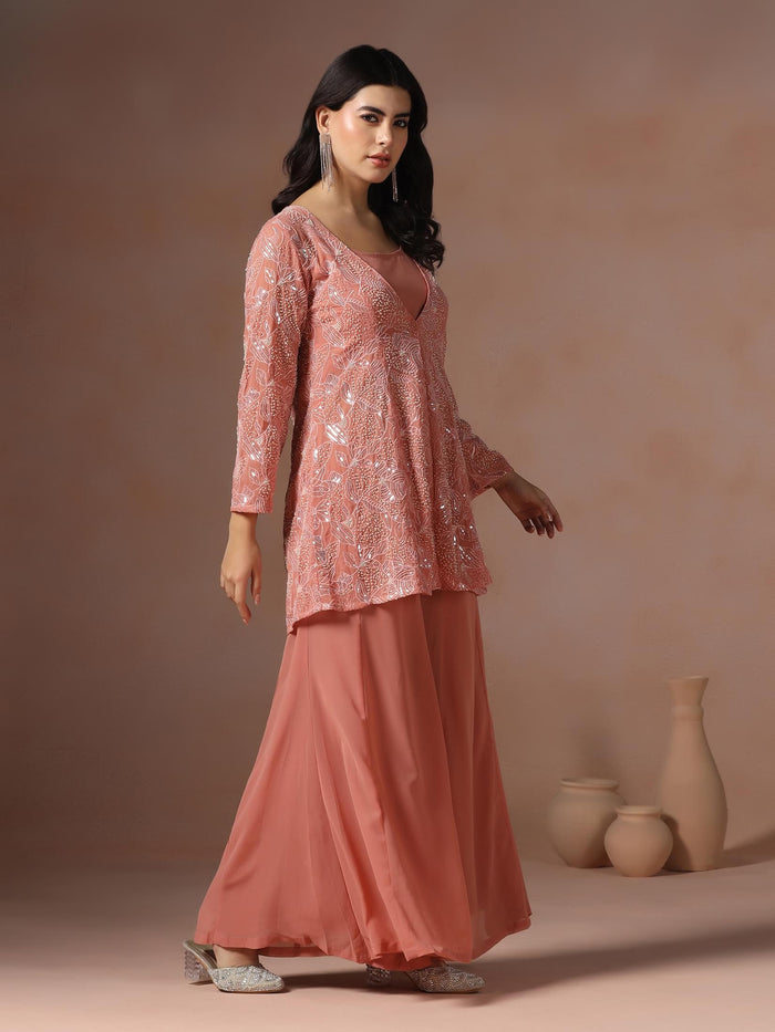 Women Georgette Pink Embroidered Crop Top Jacket Split Pant.