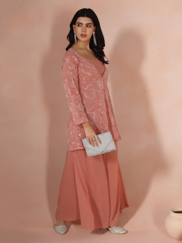 Women Georgette Pink Embroidered Crop Top Jacket Split Pant.