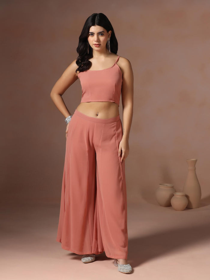 Women Georgette Pink Embroidered Crop Top Jacket Split Pant.