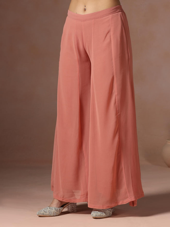 Women Georgette Pink Embroidered Crop Top Jacket Split Pant.