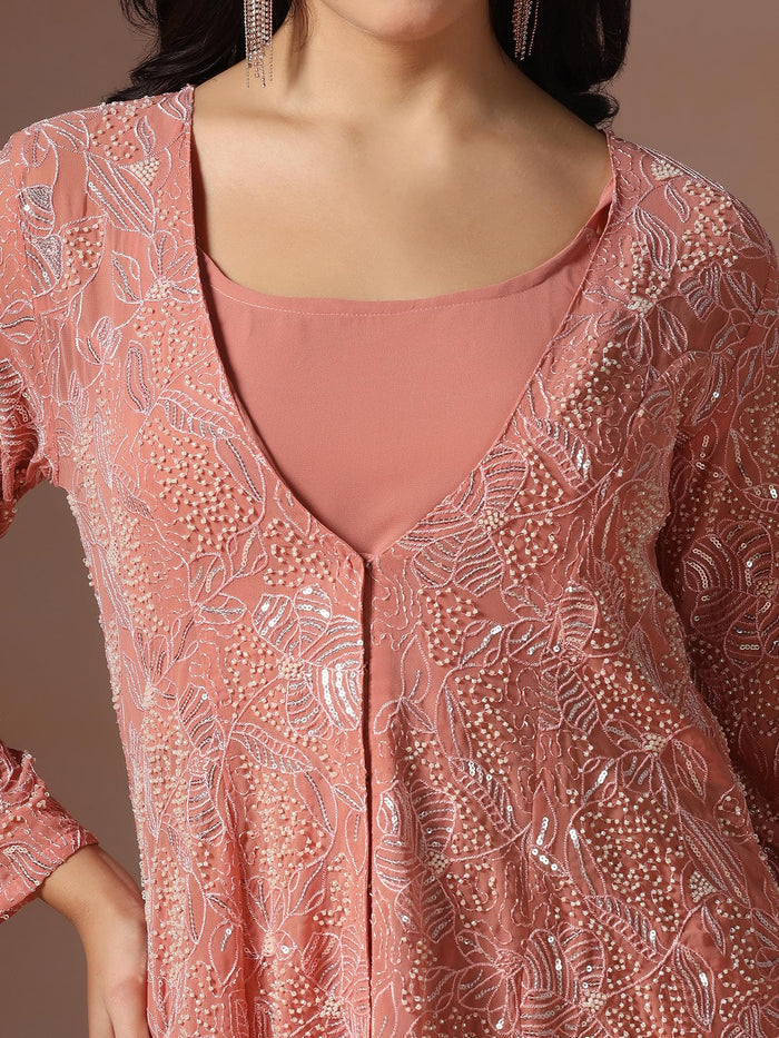 Women Georgette Pink Embroidered Crop Top Jacket Split Pant.
