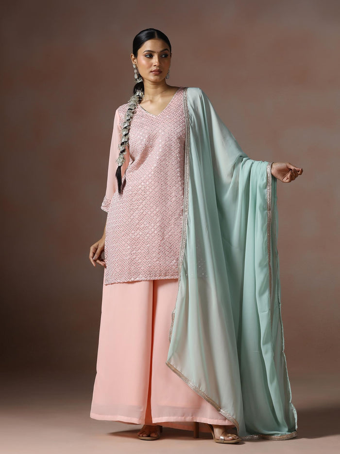 Women Georgette Pink Embroidered Kurta Split Pant Dupatta.