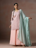 Women Georgette Pink Embroidered Kurta Split Pant Dupatta.