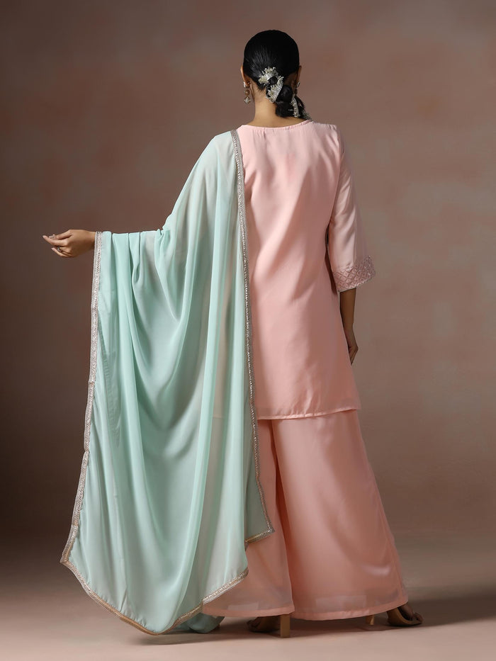Women Georgette Pink Embroidered Kurta Split Pant Dupatta.