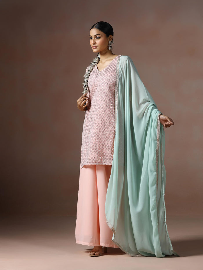 Women Georgette Pink Embroidered Kurta Split Pant Dupatta.