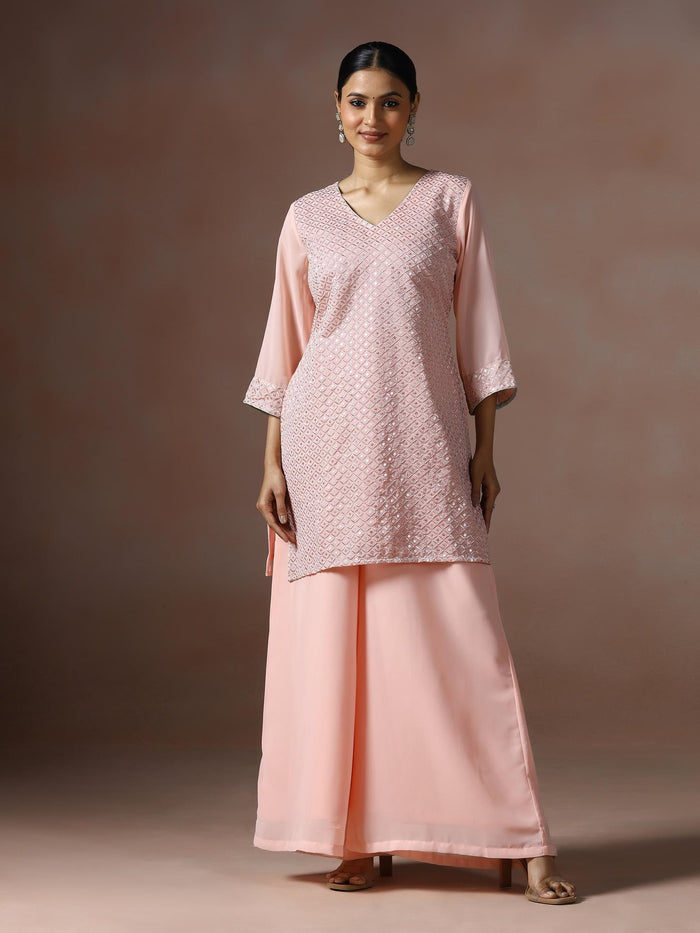 Women Georgette Pink Embroidered Kurta Split Pant Dupatta.
