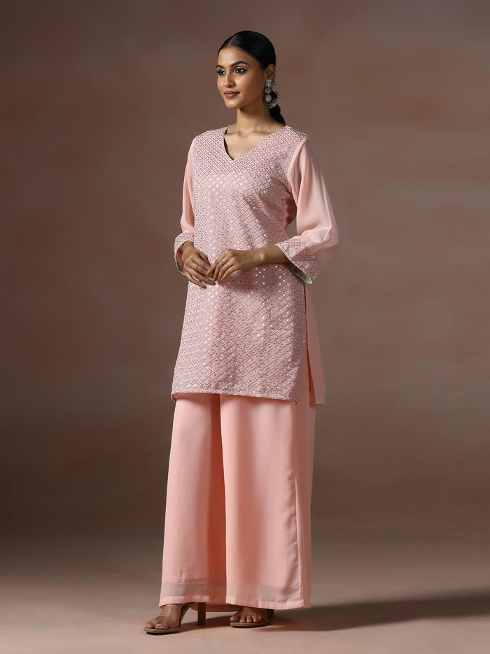 Women Georgette Pink Embroidered Kurta Split Pant Dupatta.