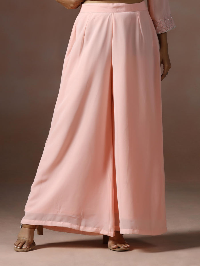 Women Georgette Pink Embroidered Kurta Split Pant Dupatta.