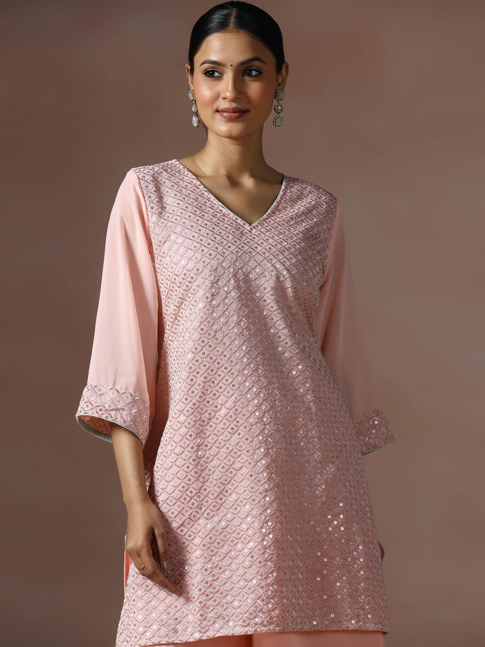 Women Georgette Pink Embroidered Kurta Split Pant Dupatta.