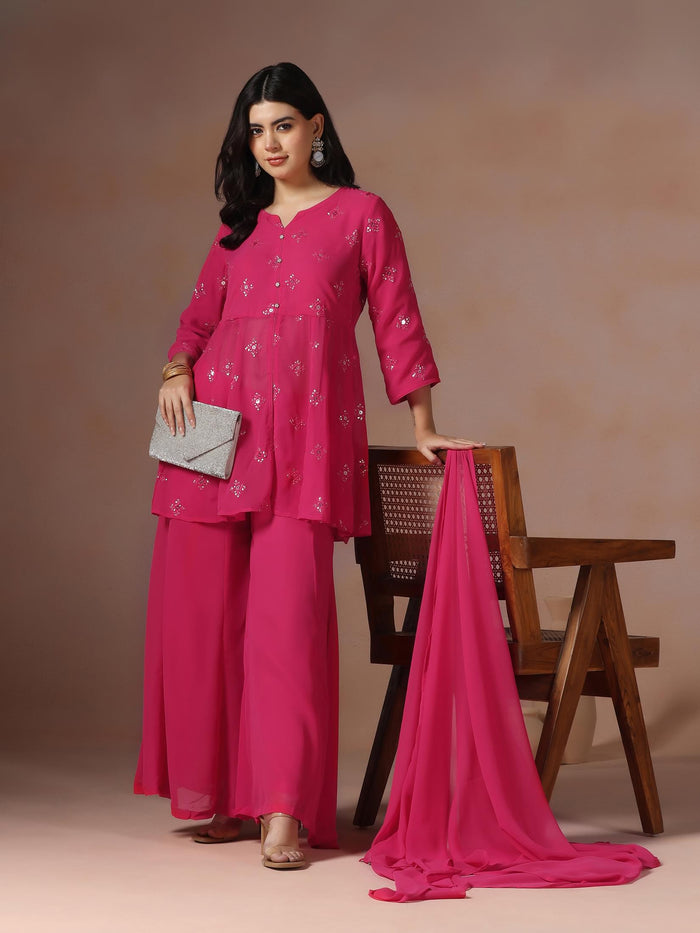 Women Georgette Pink Solid Kurta Sharara Dupatta.