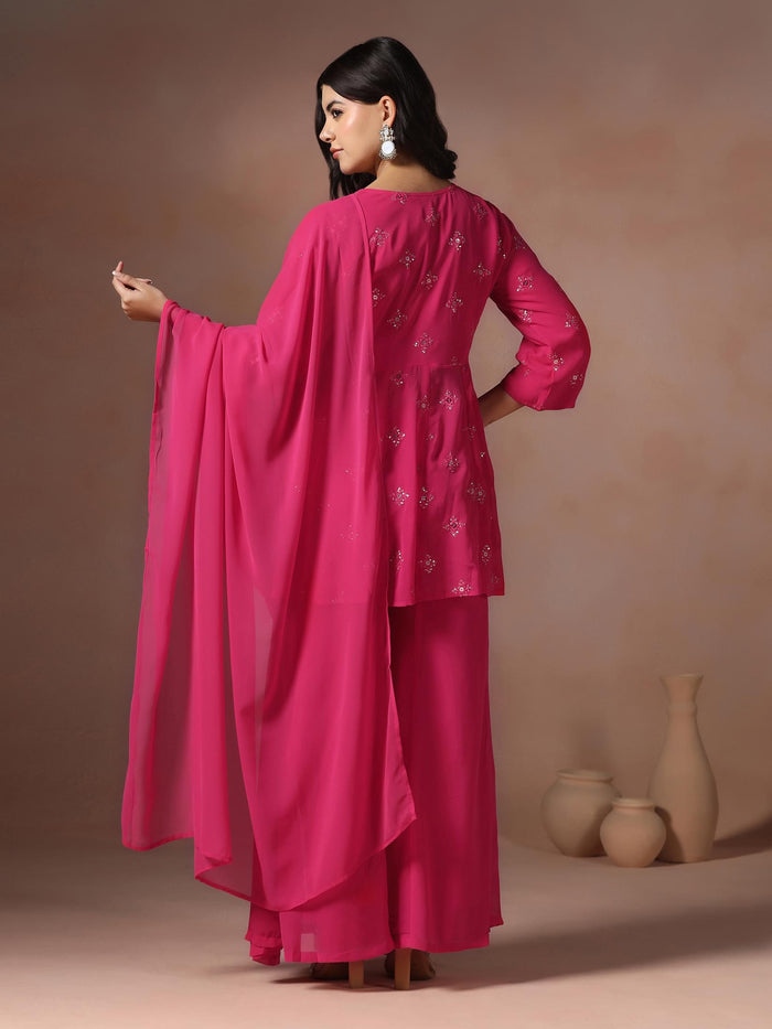 Women Georgette Pink Solid Kurta Sharara Dupatta.