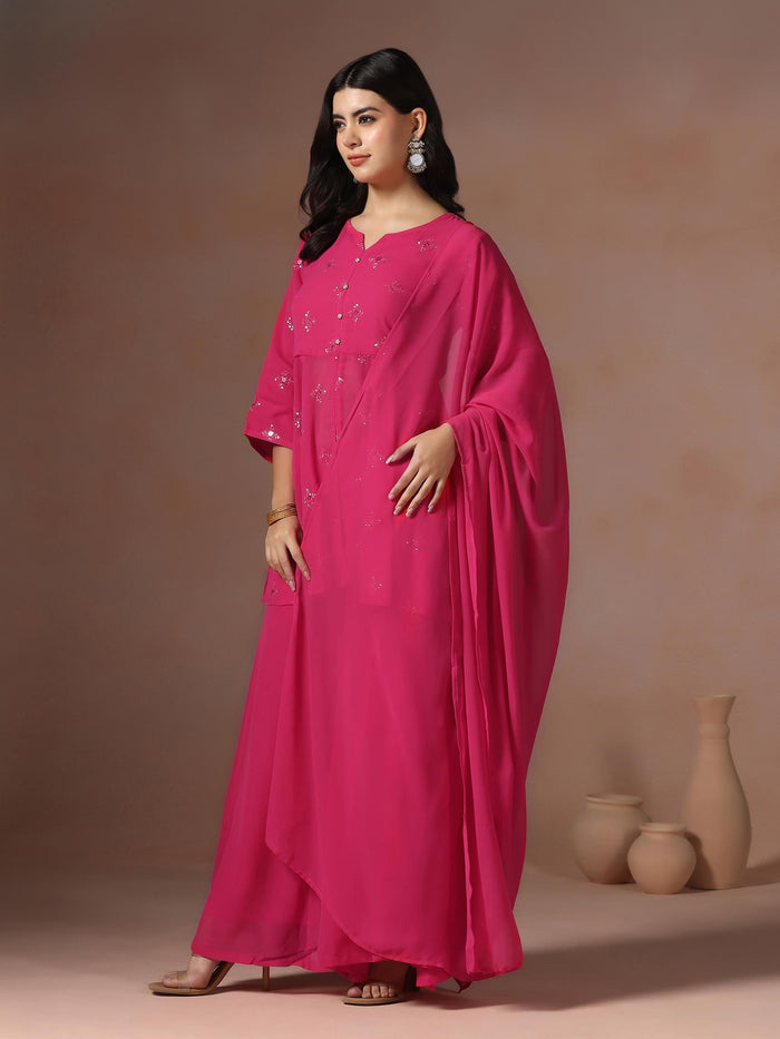 Women Georgette Pink Solid Kurta Sharara Dupatta.
