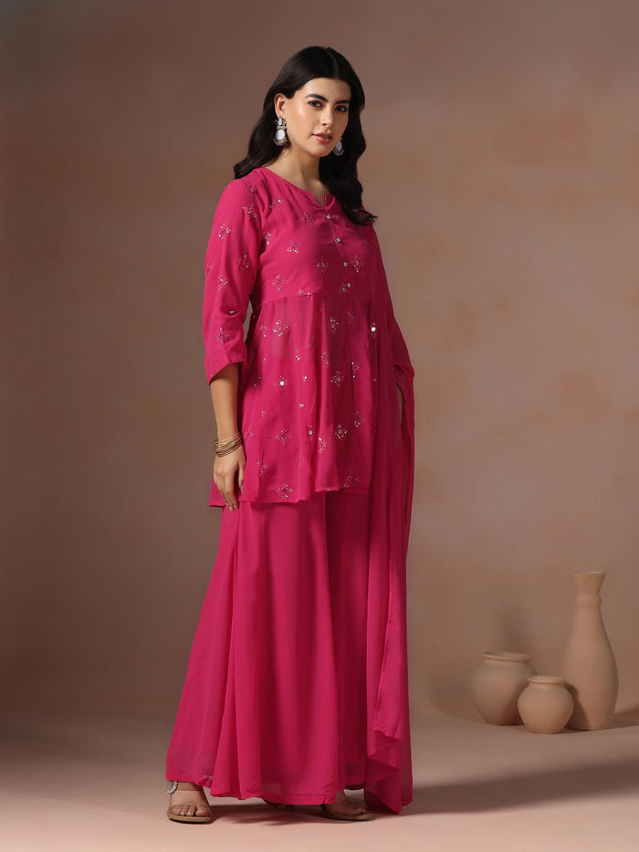 Women Georgette Pink Solid Kurta Sharara Dupatta.