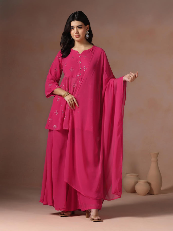Women Georgette Pink Solid Kurta Sharara Dupatta.