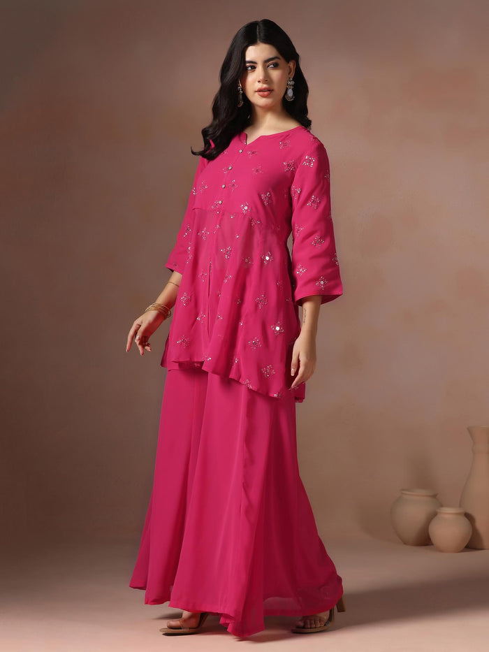Women Georgette Pink Solid Kurta Sharara Dupatta.