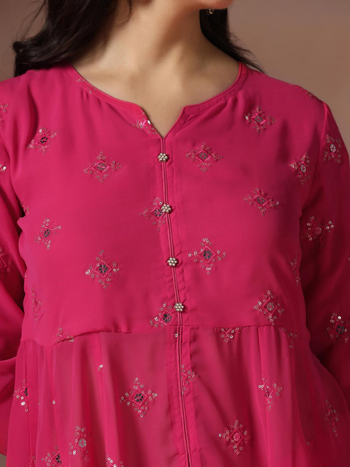 Women Georgette Pink Solid Kurta Sharara Dupatta.