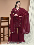 Women Georgette Purple Embroidered Kurta Sharara Dupatta.