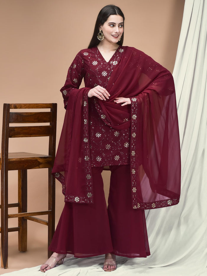 Women Georgette Purple Embroidered Kurta Sharara Dupatta.