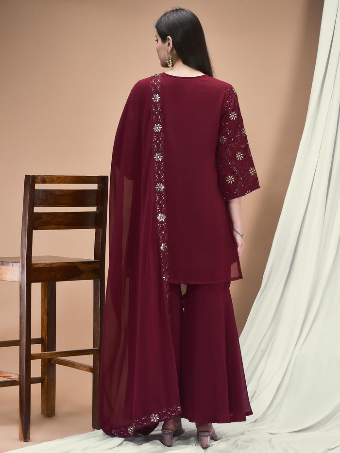 Women Georgette Purple Embroidered Kurta Sharara Dupatta.