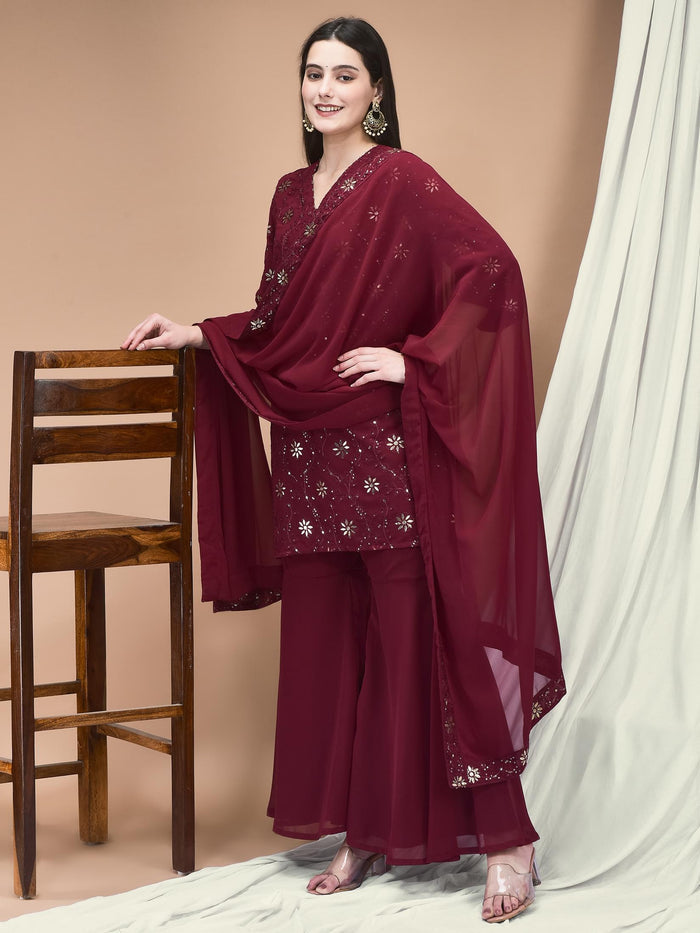 Women Georgette Purple Embroidered Kurta Sharara Dupatta.